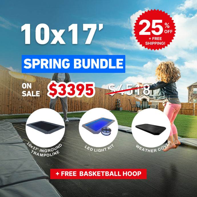 Spring Bundle! 10'x17' Rectangle Pro-Line In-ground Trampoline + LED Lights + Cover