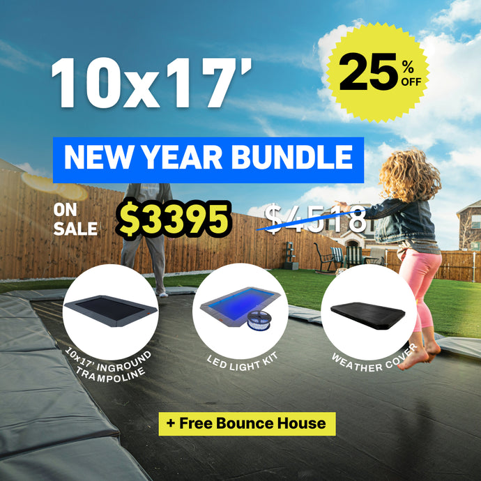 New Year Bundle! 10'x17' Rectangle Pro-Line In-ground Trampoline + LED Lights + Cover