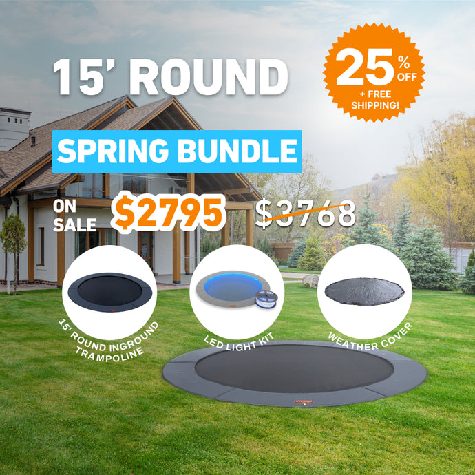 Spring Bundle! 15' Round Pro-Line In-ground Trampoline + LED Lights + Cover