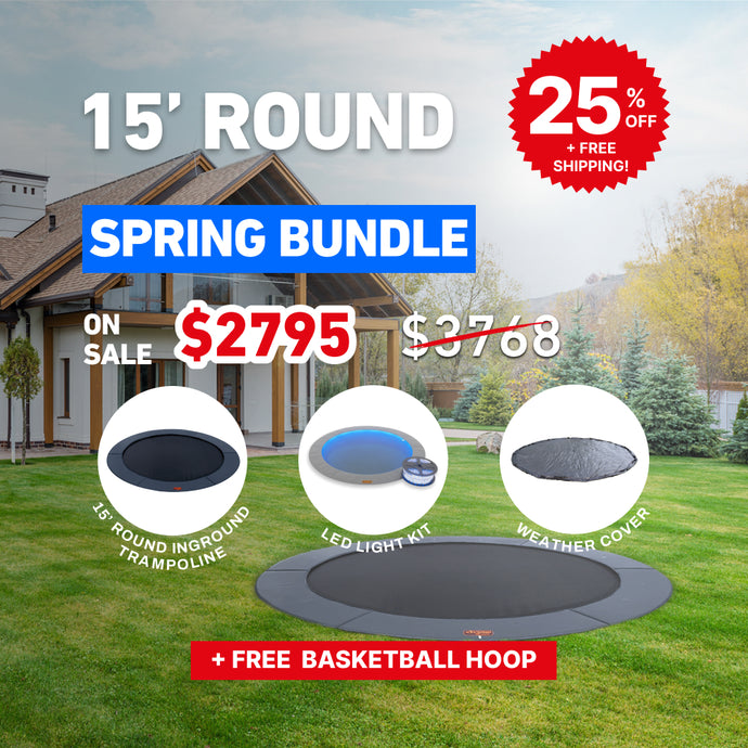 Spring Bundle! 15' Round Pro-Line In-ground Trampoline + LED Lights + Cover